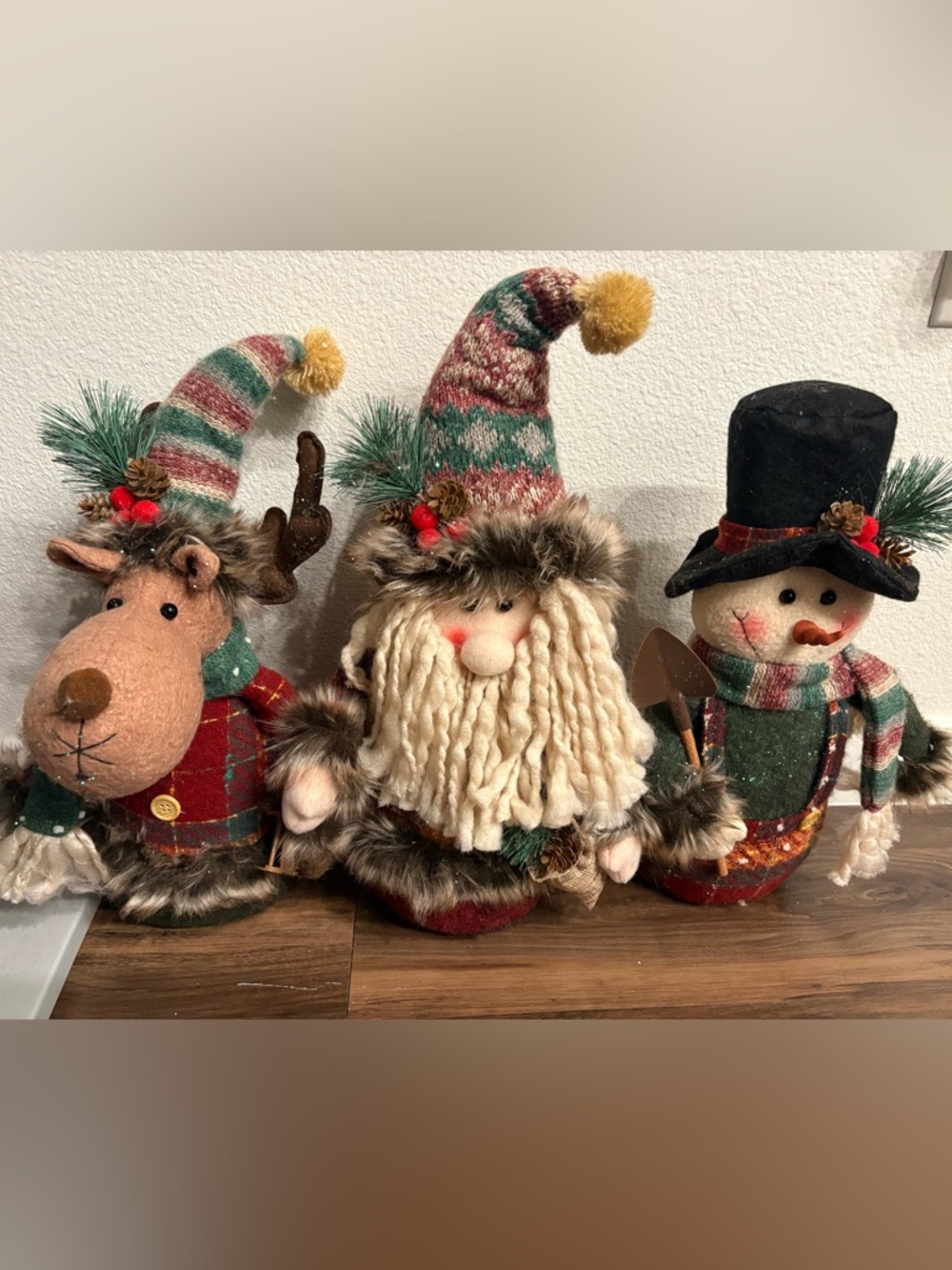 Set of 3 Plush Holiday Figurines - Cream Beard, Green & Red Hat